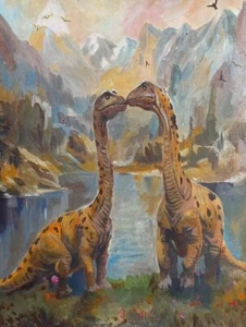 new Painting on 14"x20" canvas Two dinosaurs loved gift for Valentine day - Picture 1 of 2