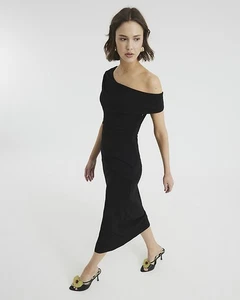 River Island Womens Midi Dress Black Off Shoulder Layered Short Sleeve Wrap - Picture 1 of 11