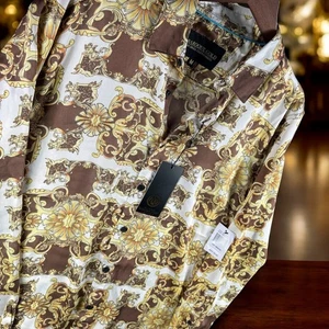 Baroque Gold Shirt Men M Drill Clothing Co Brown Gold Print Long Sleeve Button - Picture 1 of 9