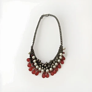 Beaded Bib Statement Necklace, Red, Pewter and Pearl Beads 21" in Gift Box - Picture 1 of 9