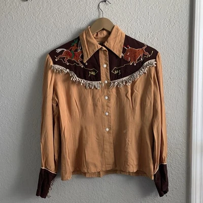 Vintage 1950s Native American Embroidered Gabardine Pearl Snap Western Shirt - Image 1 of 4