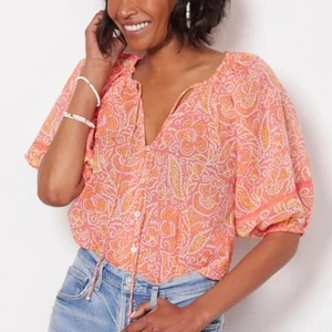 Cleobella Floral Boho Blouse Medium Pink Orange Puff Sleeve Button Front Top - Picture 1 of 15