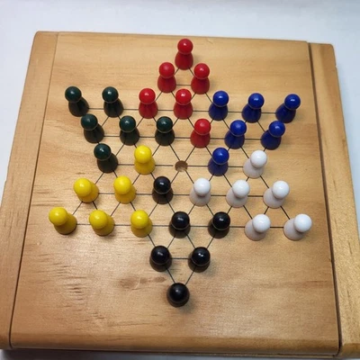 Travel Mini Chinese Checkers GAME Set Square Wood Box Plastic Pegs Complete - Image 1 of 4