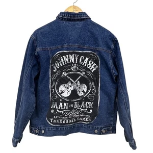 Giacca denim camionista vintage upcycled media Johnny Cash appliqué uomo in nero - Foto 1 di 8