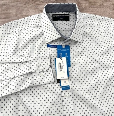 REPORT COLLECTION Mens M Modern Fit White & Blk 360 Movement Easy Care Shirt NWT - Image 1 of 4