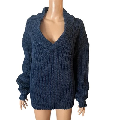 Suéter Tallado con Volantes Para Mujer L Azul Índigo Acanalado Tejido Capucha Cuello Pullover Acogedor Foto 1 de 4