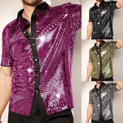 Men 70s Disco Shirt Sequin Short Sleeve Button Down Shirt for Nightclub - Image 1 of 4