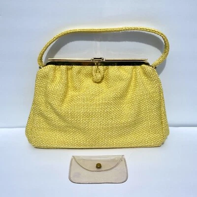 Vintage 1960’s Yellow Carpet Shoulder Bag Chenille Tortoise ￼Lucite Kiss Lock - Image 1 of 4