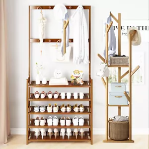Bamboo Entryway Shoes Storage Rack Coat Hanger Standing Shelf Hall Tree Hooks AU - Picture 1 of 18