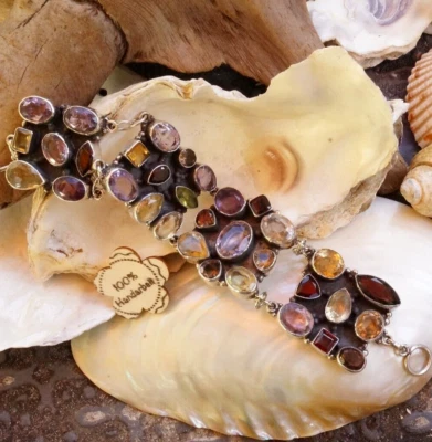 Armband 925er Silber 17 - 20 cm Breit Multistone Schlicht Vintage Design Bunt - Bild 1 von 4