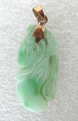 Authentic 14K Yellow Gold Chinese Carved Gourd Nephrite Green Jade Pendant 1.25  • 100$