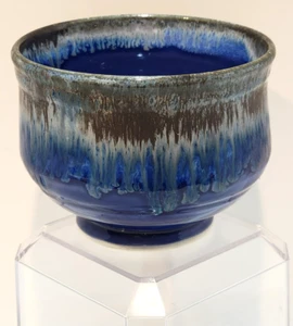 EDGECOMB POTTERS Pottery Footed Bowl Pot Shades of Blue Brown White Drip Glaze - Picture 1 of 13