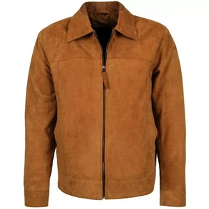 Men's Tan Brown Suede Bomber Jacket – 100% Pure Suede Leather Classic Biker Coat - Picture 1 of 14