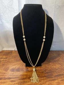 Vintage Double Gold Tone Chain Necklace With Faux Pearl and Tassel 30 In Long - Picture 1 of 8