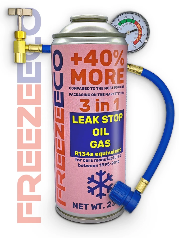 FREEZEECO R12/R134a Aircon Top Up 3-in-1 Refrigerant + Hose - AC Refill Bundle!