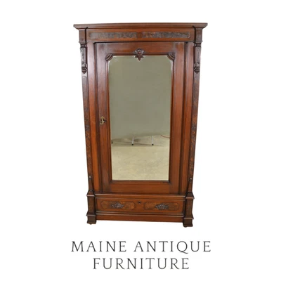 Victorian Walnut Wardrobe with Mirror Door & Burl Accents - Door Armoire #22403 - Image 1 of 4