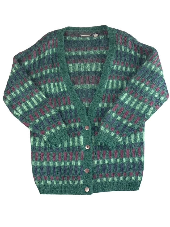 Vtg Paul Harris Mohair Wool Cardigan Womens L Oversized Green Purple Grandpa 80s - Image 1 of 4