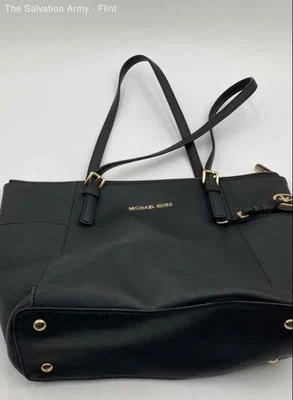 Michael Kors Womens Black Leather Gold Hardware Double Handle Travel Tote Bag - Image 1 of 4