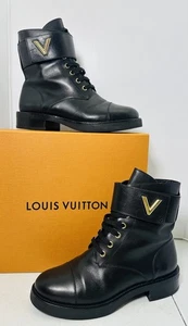 Louis Vuitton Black Leather Wonderland Flat Ranger Combat Boots Size 37.5 - Picture 1 of 17