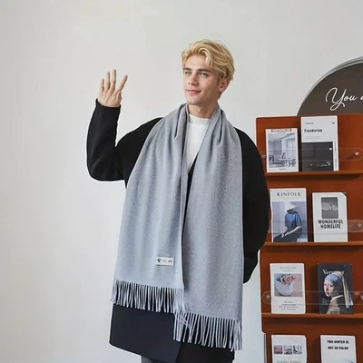 Bufanda de invierno suave cálida con flecos largos para hombre - gris/beige Foto 1 de 2