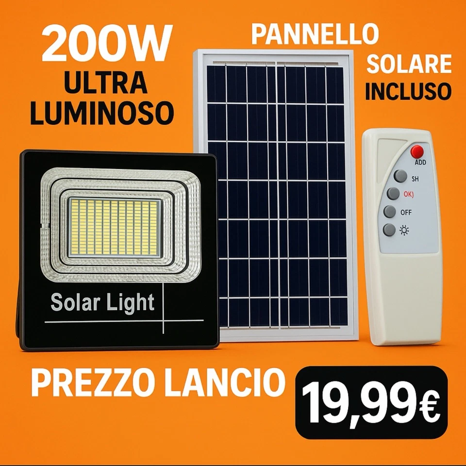 FARO Con Pannello Solare A LED 200W ESTERNO luce FREDDA con sensore crepuscolare - Immagine 1 di 4