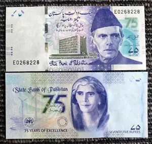 Pakistán 75 Rupias 2023 P-57 Azul 75th Comm Billete UNC Mundial Papel Monedo - Imagen 1 de 1