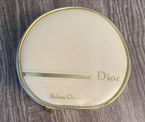 DIOR Parfums Avorio Vanity Rotondo Trucco Pochette Oro Metallizzato Logo Zip Small.