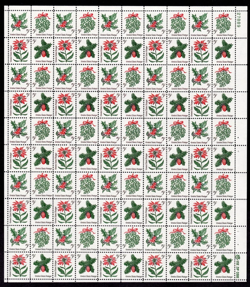 Scott #1257b (1254-57) Christmas Holly Sheet of 100 Stamps - MNH P#27889 - Image 1 of 1