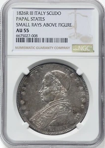 ITALY PAPAL STATES POPE LEO III 1826-R 1 SCUDO SILVER COIN NGC CERTIFIED, AU-55 - Picture 1 of 5
