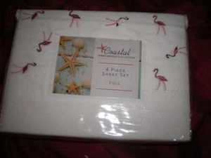 NIP COASTAL EMBROIDERED PINK FLAMINGO FULL SHEET SET 1FIT 1FLAT 2 STD PILLOW - Picture 1 of 8