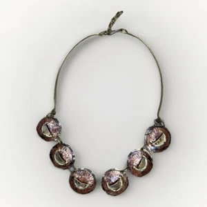 Vintage Collar Necklace Enamel Rubbed Brass Copper Tone Round Statement 1059 - Picture 1 of 13