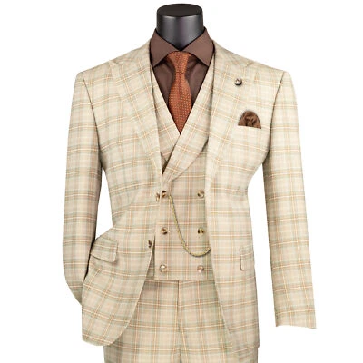 VINCI Men's Khaki Plaid 3pc 2-Button Modern Suit w/ Peak Lapel - NEW - Image 1 of 4