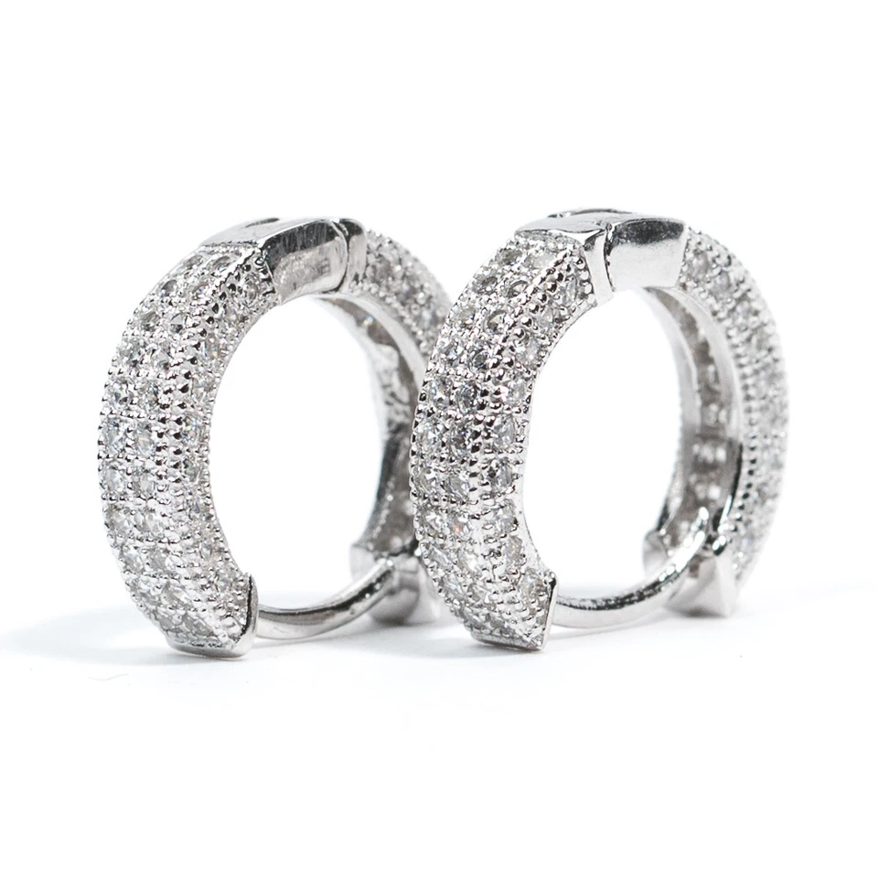 Mens Small White Gold Plated 925 Sterling Silver CZ Hoop Huggie Clip on Earrings