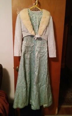 VTG Hand Made Sleeveless Dress Fur Stole Long Sleeve Tie Wrap Sparkles Party - Image 1 of 4