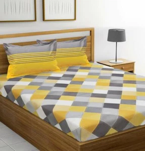 100% Cotton Double Bedsheet with 2 Pillow Covers Yellow and Grey  (144 TC) - Picture 1 of 4