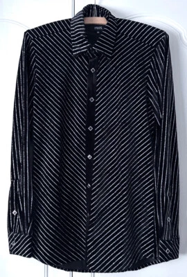 Phix England Velvet Black Shirt Glitter Pin Stripes Diamond Poppers XS BNWT - Image 1 of 4