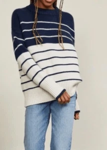 La Ligne XL Color Block Marin Sweater Navy and White Wool Cashmere - Picture 1 of 8