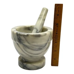 Large White Marble Mortar and Pestles 5” Kitchen Cooking Tool Grinding Herbs - Picture 1 of 9