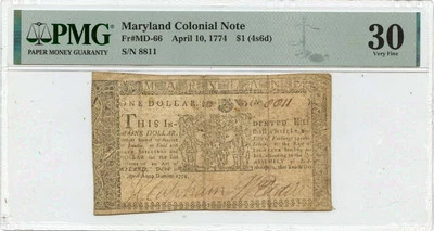 1774 April 10, $1 Maryland Colonial Note FR#MD-66 PMG VF30 - Image 1 of 2