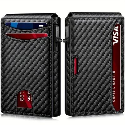 Carbon Fiber Patterned Men’s Wallet – Slim PU Leather Flip Card Case - Image 1 of 4