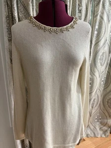 J. McLaughlin Metallic Jewelled Rhinestone Collar Sweater Ivory Misses Médium - Picture 1 of 6