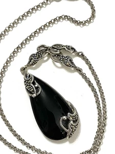 Vintage Sterlingsilber schwarzer Onyx Marchasit Y Halskette romantisch zart - Bild 1 von 14