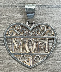 Vintage Sterling 925 Two Tone #1 MOM Mother Mommy Heart Love Pendant Signed MW - Picture 1 of 7