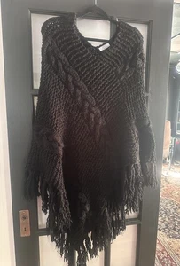 🩷Y2K Helen Welsh schwarz Grobstrick Zopfmuster Pullover Cardigan Fransen Poncho Einheitsgröße - Bild 1 von 8