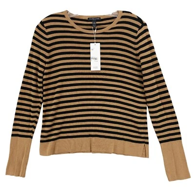 NUEVO CON ETIQUETAS EILEEN FISHER Tencel Seda Tejido Top Suéter Pullover Arcilla Tostado Negro Rayas PS Foto 1 de 4