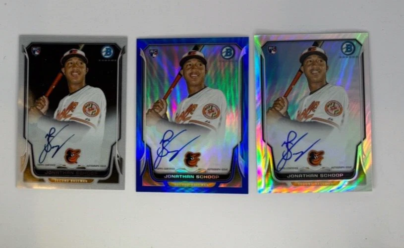 LOTE DE 3 REFRACTORES CROMADOS BOWMAN 2014 RC AUTO JONATHAN SCHOOP/500 AZUL 243/250 Foto 1 de 2
