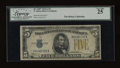 DBR 1934-A $5 North Africa Silver Fr. 2307 Legacy 25 Serial K44366785A - Image 1 of 2