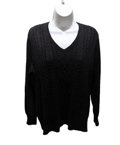 NWT Chaps V Neck Pullover Sweater Womens 1X Long Sleeve Black Sparkle Cable Knit - Picture 1 of 8