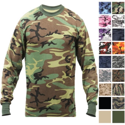Camo Long Sleeve T-Shirt Tactical Military Crew Tee Undershirt Army Camouflage - Image 1 of 4