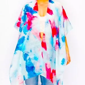 Boho Kimono Abstract Sequins Swim Coverup Slit Sides Short Sleeve Cardigan - Picture 1 of 8